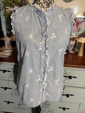 Talbots Cotton Blue Stripe Ruffle Button Down Top Petite M Embroidery. picture