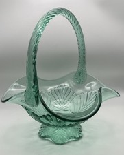 Vintage Fenton Sea Mist Green Vulcan Glass Basket Twisted Handle Ruffled 10” picture