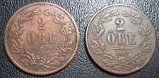 2 X 1857 &1872 - SWEDEN 2 ORE - COUPLE DINGS picture