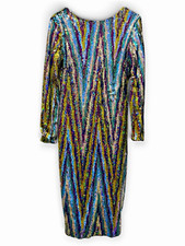 Dress the Population Emery Opal Rainbow Sequin Midi Dress L Low Back Disco picture