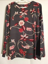 Chicos-NWT-Dark Gray Red Beige Floral Touch of Cool Long Sleeve Knit Top-2 LARGE picture