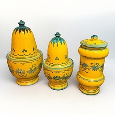 Vintage Italian 3pc Yellow/Blue Ceramic Hand Painted kitchen jars  Mid-Century. picture