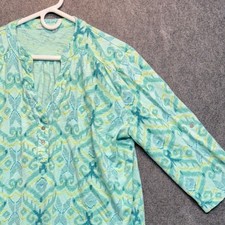 Fresh Produce Women 1X Turquoise Green Ikat Slub Knit 3/4 Sleeve Blouse Top picture