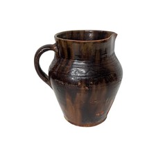 Antique Primitive Redware Pottery Pitcher Brown Drip Glaze picture