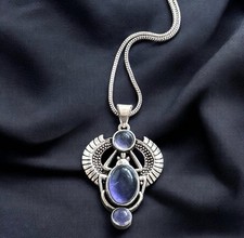 Antique Silver Scarab Beetle Pendant Winged Egyptian Protection Gemstone Medal⁠ picture