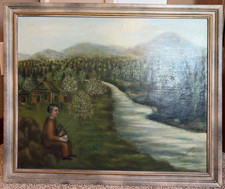 Antique 1972 Original Folk Art Oil Painting Sr Barbara Signed Landscape Framed picture