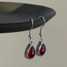 Vintage Red Water Drop Crystal Hollow Silver Plated Dangle Earrings for Women picture