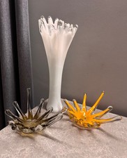 Vintage USSR Art Glass 3 pcs Set Ruffled Vase + Splash Starburst Bowls picture