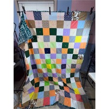 VTG 60’s-70’s Handmade Patchwork Quilt in Green, Orange, Purple, Cream picture