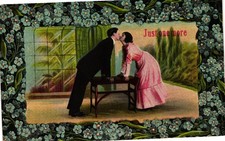 Antique Romantic Postcard Just One More Kissing Couple Floral Border picture