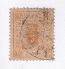 MATT'S STAMPS SCOTT ICELAND #O4 YELLOW 3 AURAR 1876-95 OFFICIAL ISSUE USED CV$82 picture