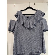 Lane Bryant Cold Shoulder Top Women 18/20 Blue White Striped Ruffle Knit Blouse picture