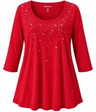 Roaman’s Women’s 3X 30/32 Red Rhinestone Embellished 3/4 Sleeve Tunic Top picture