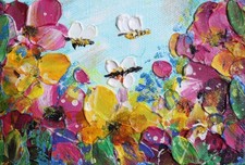 Original Wildflower Painting with Bees 4x6 Colorful Textured Floral Oil Art picture