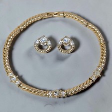 Vtg Swarovski Swan Logo Crystals Rope Design Necklace Earrings Set Runway 90's  picture