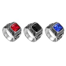 Vintge Stainless Steel Men's Square Stone Wedding Ring Wide Silver Band #7-13 picture