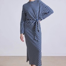 Apiece Apart Vanina Cinched Waist Navy and Cream Striped Midi Dress sz M NWOT picture