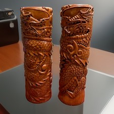 Vtg/Atq Pair Of 15” Chinese Deep Relief Carved Dragon Brush Pots Bitong Vases picture