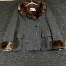 VTG Adolphe Zelinka Le Vines Pea Coat Sz M Gray Wool Mutton Fur Double Breasted picture