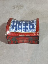 Vintage Chinese Red Lacquered Wood Shard Trinket Box With Porcelain Top  picture
