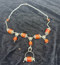 Antique Style Middle Eastern Coral Bead Necklace Ethnic Tribal Silver Tone  picture