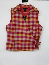 Silkland VTG Women’s Pink & Yellow Plaid Sleeveless Silk Wrap Top Size M NWT picture