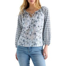 Lucky Brand Notch Collar Long Sleeve Blouse Blue Floral Women's Size Medium M picture