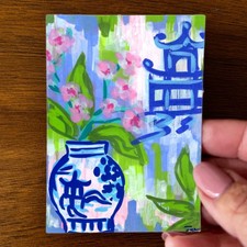 ACEO Original Cherry Blossom Blue & White Vase Acrylic Mini Art 2.5x3.5 - OOAK picture