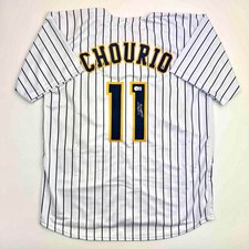 Autographed/Signed Jackson Chourio Milwaukee Pinstripe Jersey Beckett COA picture