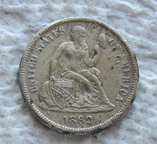 1862-S Seated Liberty Silver Dime Rare Key Date San Francisco XF Cleaned Damaged picture