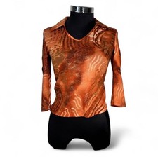 California Grown VTG 90s Sparkly Mesh Orange Abstract Swirl Window 3/4 Sleeve picture