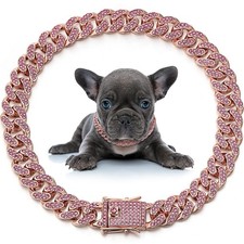 LEIFIDE Cuban Link Dog Collar Chain 12mm 24 Inch Rose Gold Pink Diamond Link picture