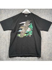 Vintage 90s Eagle Nature Forest Trees Black Graphic T Shirt Mens Size XL 23.5x31 picture