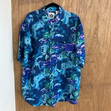 Vintage Hilo Hattie Men's Large Silk Hawaiian Shirt Resort wear Tropical Blue picture