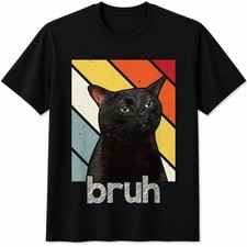Bruh Black Cat Funny Meme Shirt Vintage Retro Cat Lover Humor Graphic Tee picture