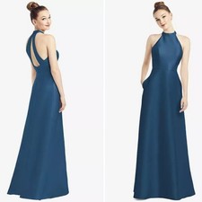 NWT Alfred Sung High Neck Cutout Satin Twill Gown Dress Size 2 & 14 D772 Pockets picture