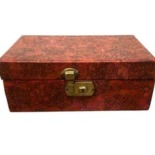 Vintage Floral Embossed Jewelry Keepsake Box w/ Brass Latch Boho Storage maroon picture