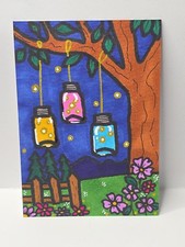 Original ACEO Art Card Whimsical Nature Moon Woodland Folk Art Hand Drawn 2.5x3. picture