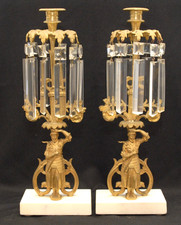 RARE VICTORIAN ORNATE GILT BRONZE & PRISMS FIGURAL KNIGHT GIRANDOLES CANDELABRAS picture