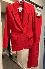 NWT Express 2-Piece Red Pant Suit Set Long One-Button Blazer High Rise Flare picture
