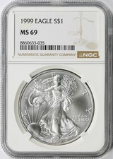1999 $1 American Silver Eagle NGC MS69 1 oz .999 Fine Silver ASE picture