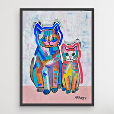 ARivers Modern Impressionistic Art 12x16 Cat and Kitten Painting Canvas Original picture
