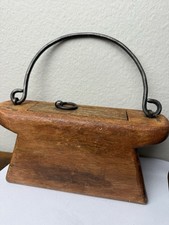 Vintage Indian Wooden Oil Pot Iron Handle Rustic Decor picture