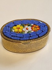 Vintage Italian Oval Micro Mosaic Gold Toned Hinged Lid Pill Trinket Box Italy picture