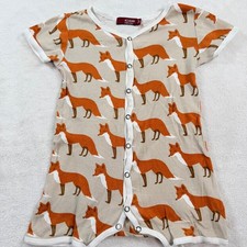 Milkbarn Organic Cotton Fox Print Short Sleeve Romper Beige Orange 3-6 Months picture