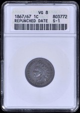 1867/67 Indian One Cent 1c Penny ANACS VG 8 - Repunched Date S-1 picture