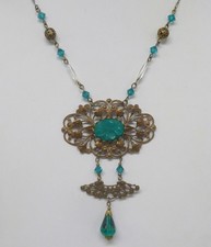 Estate Vintage Czech Ornate Green Molded Glass Beaded Brass Filigree Necklace picture
