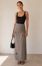 Commense NWT Sz S Embellished Ruched Maxi Skirt Taupe Gritty Boho Whimsigoth picture