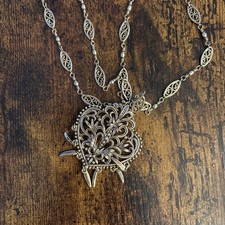 Vintage Brass Filigree Ornate Openwork Heart Pendant Statement Necklace picture