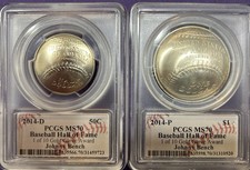 2014 P/D Baseball HOF Silver $ and 50¢. PCGS MS 70 Johnny Bench sign Gold Glove picture